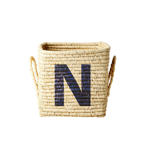 Rice DK Square Raffia Basket with Painted Letter N